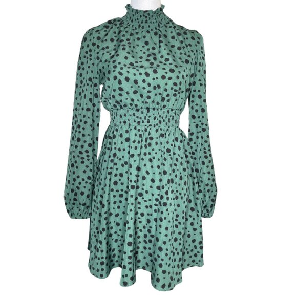 SHEIN Women's All Over Print Shirred Waist & Neck Balloon Sleeve Dress Sz Small - Picture 2 of 8